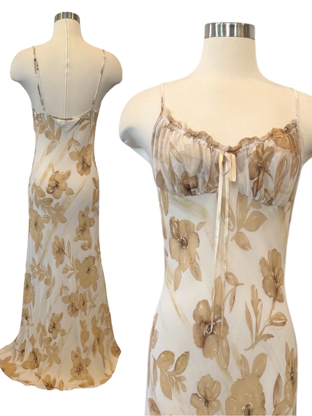 Vintage 100% Silk Chiffon Ivory Floral Lingerie Collection Maxi Gown Slip Dress